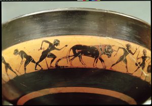 Attic black-figure cup depicting workers in a field, from Athens (detail) by Greek